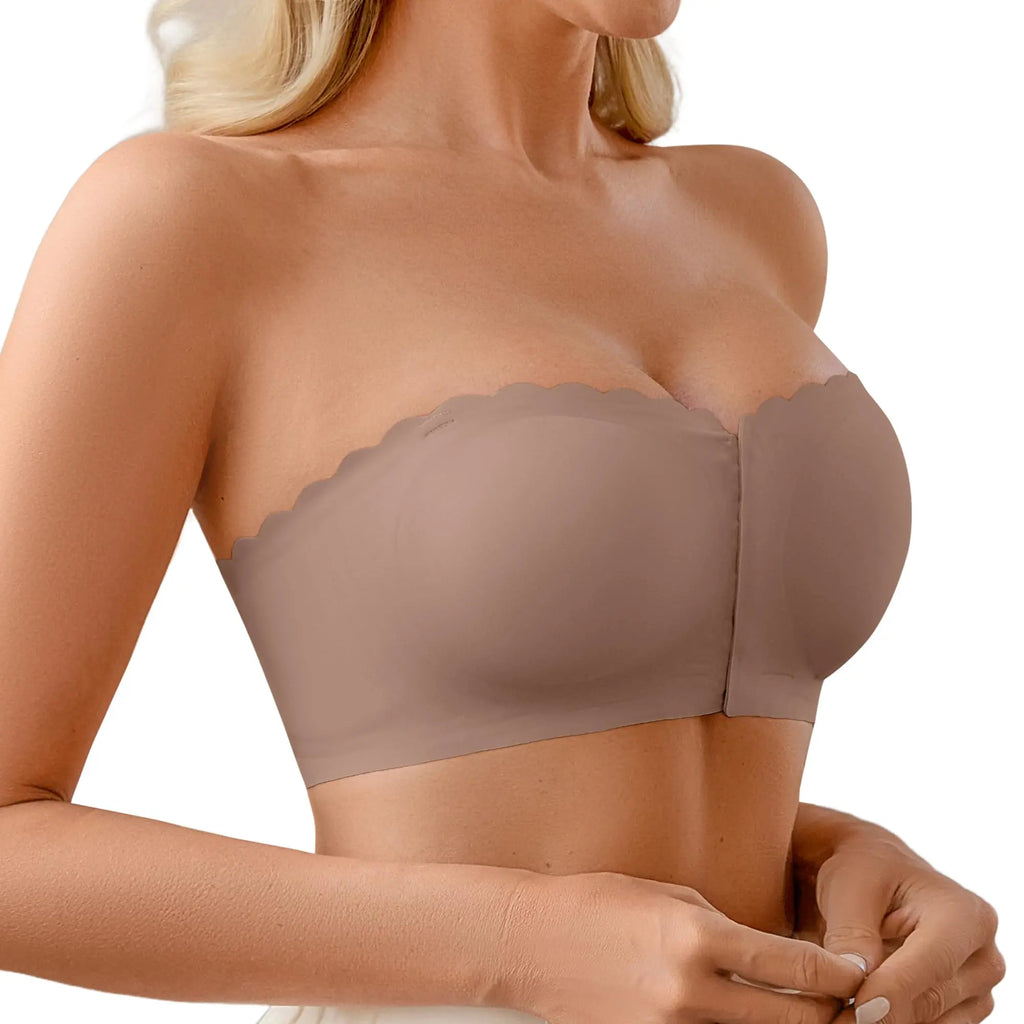 DEANGELMON Wireless Strapless Bra - Non-Slip Front Closure Bralette with Jelly Glue, All-Season Comfort, Removable Padding for Off-Shoulder Styles
