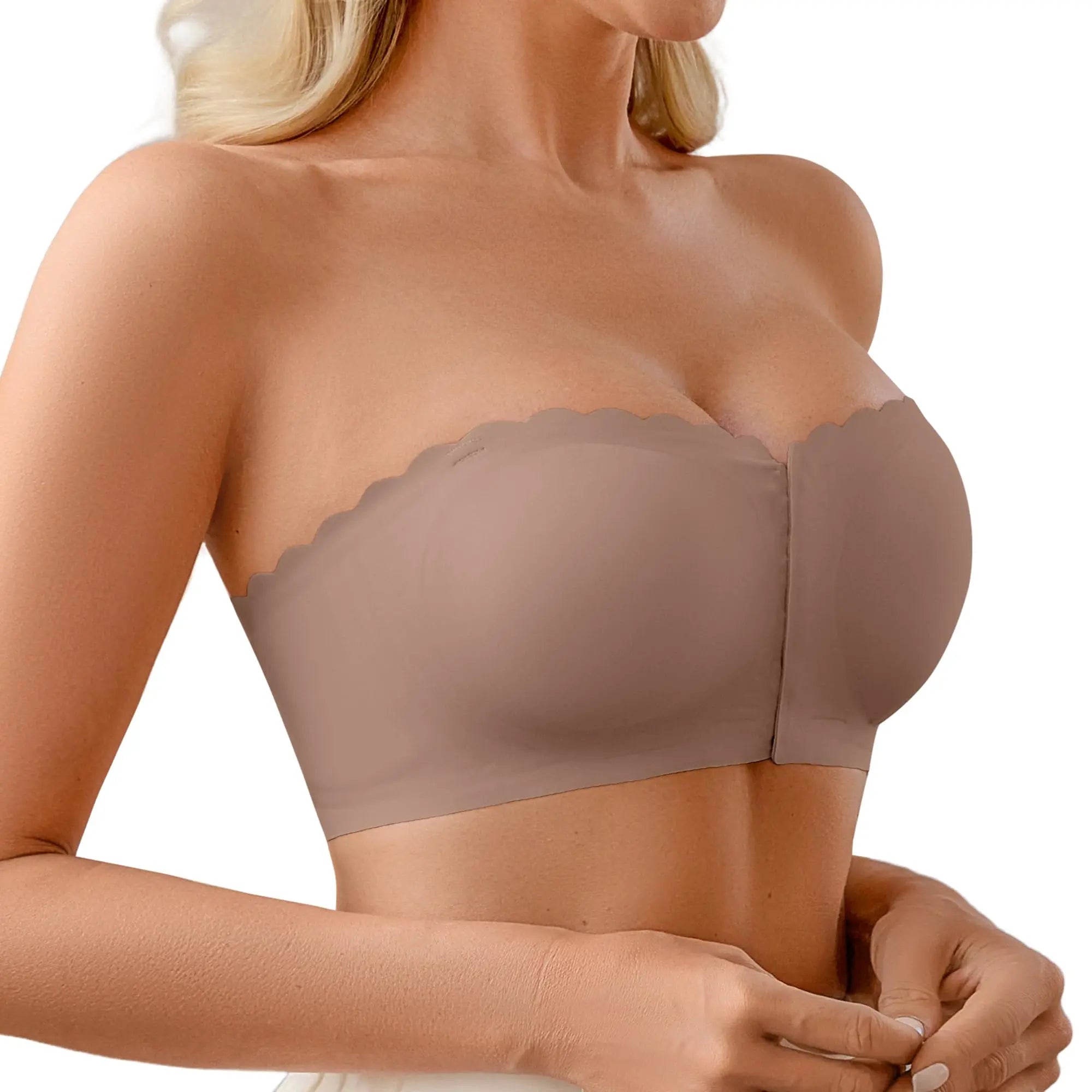 DEANGELMON Wireless Strapless Bra - Non-Slip Front Closure Bralette with Jelly Glue, All-Season Comfort, Removable Padding for Off-Shoulder Styles