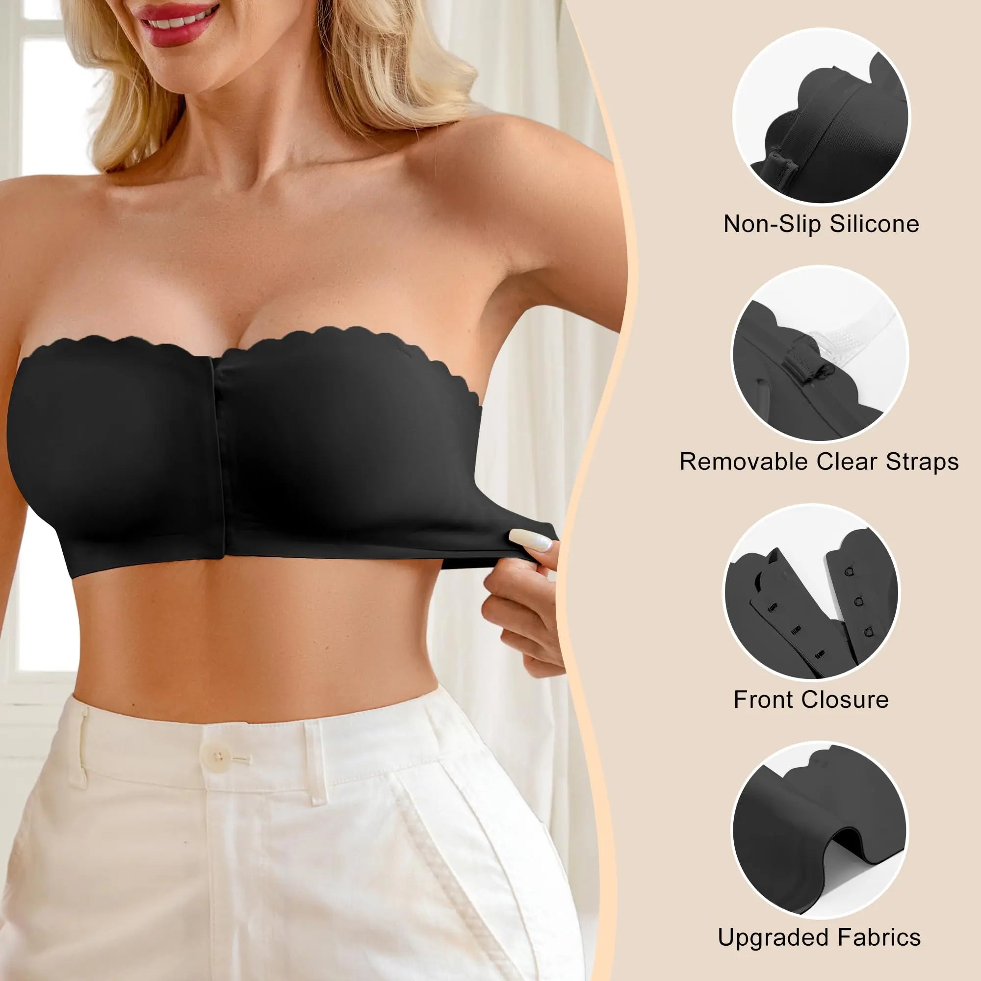 DEANGELMON Wireless Strapless Bra - Non-Slip Front Closure Bralette with Jelly Glue, All-Season Comfort, Removable Padding for Off-Shoulder Styles