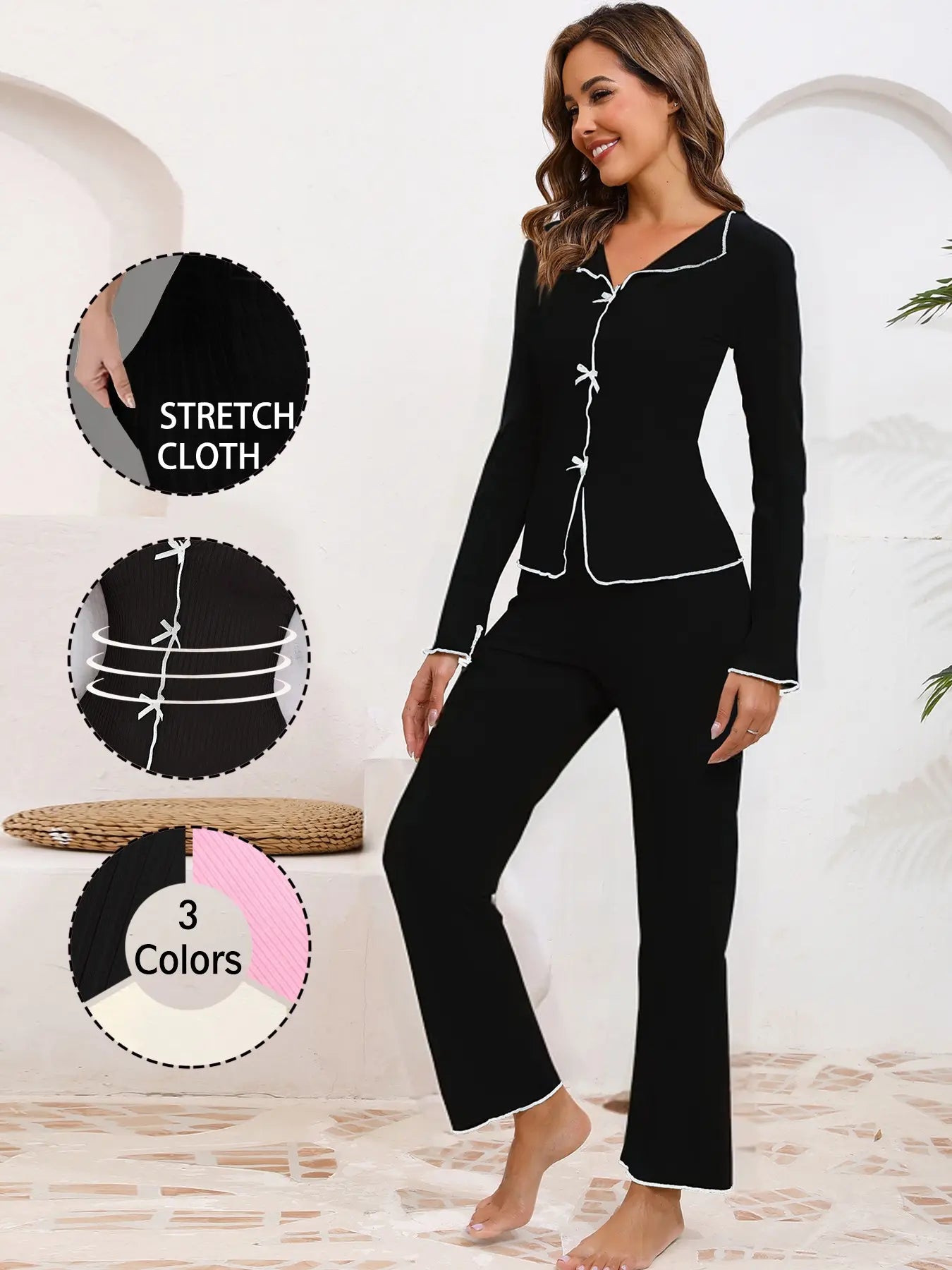 Chic Women's Bow Decor Long Sleeve Pajama Set - Comfy Top & Trousers for Cozy Spring & Fall Nights