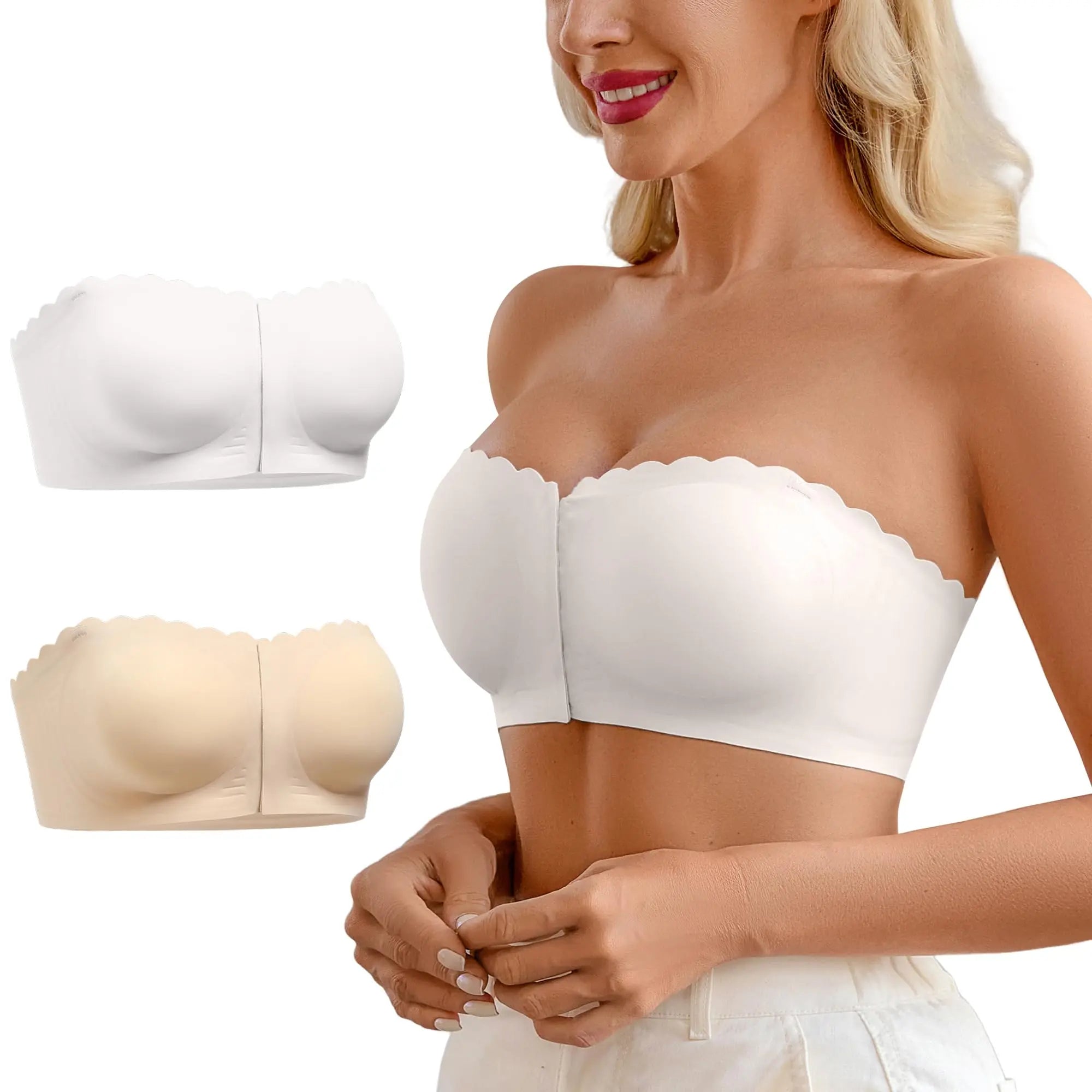 DEANGELMON Wireless Strapless Bra - Non-Slip Front Closure Bralette with Jelly Glue, All-Season Comfort, Removable Padding for Off-Shoulder Styles