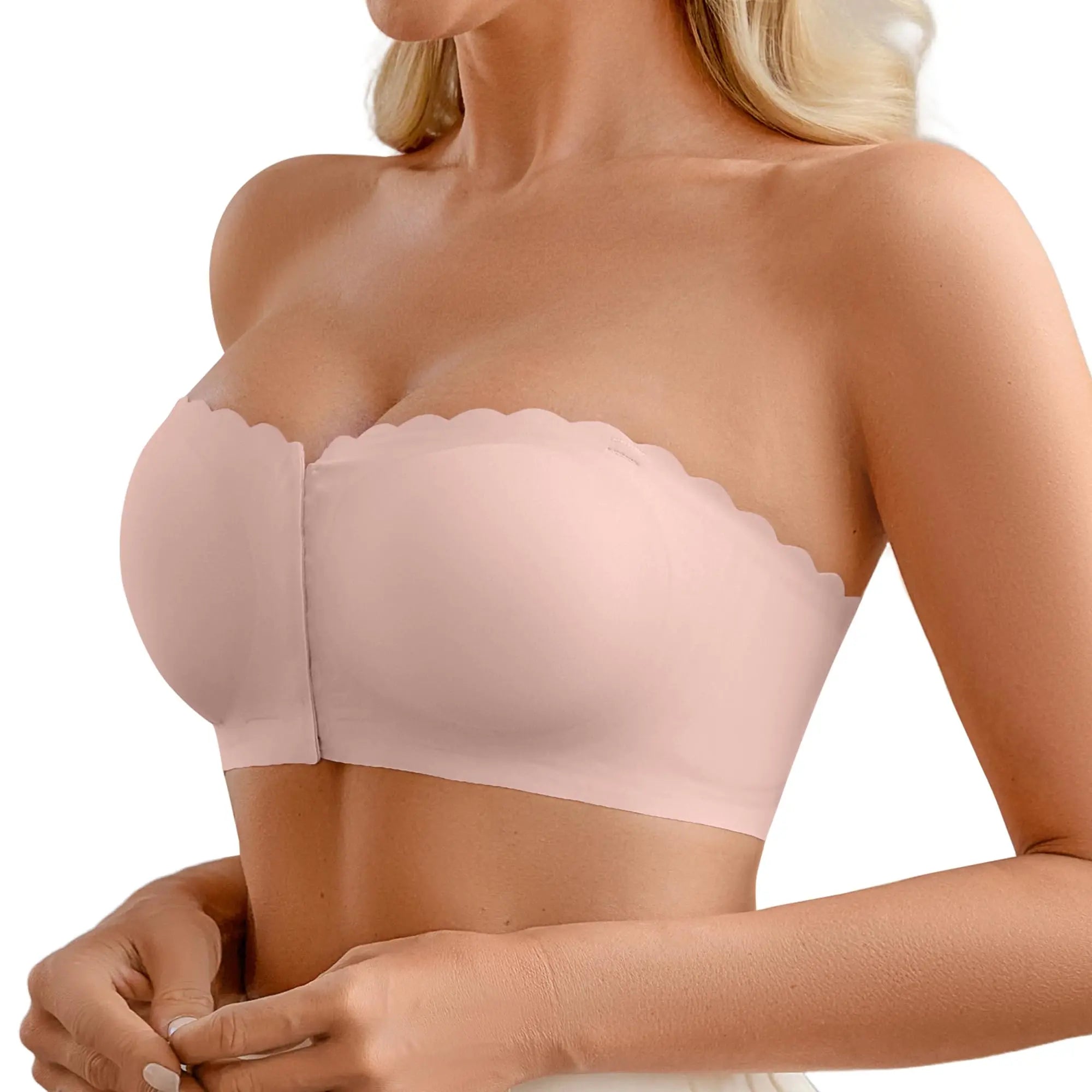 DEANGELMON Wireless Strapless Bra - Non-Slip Front Closure Bralette with Jelly Glue, All-Season Comfort, Removable Padding for Off-Shoulder Styles
