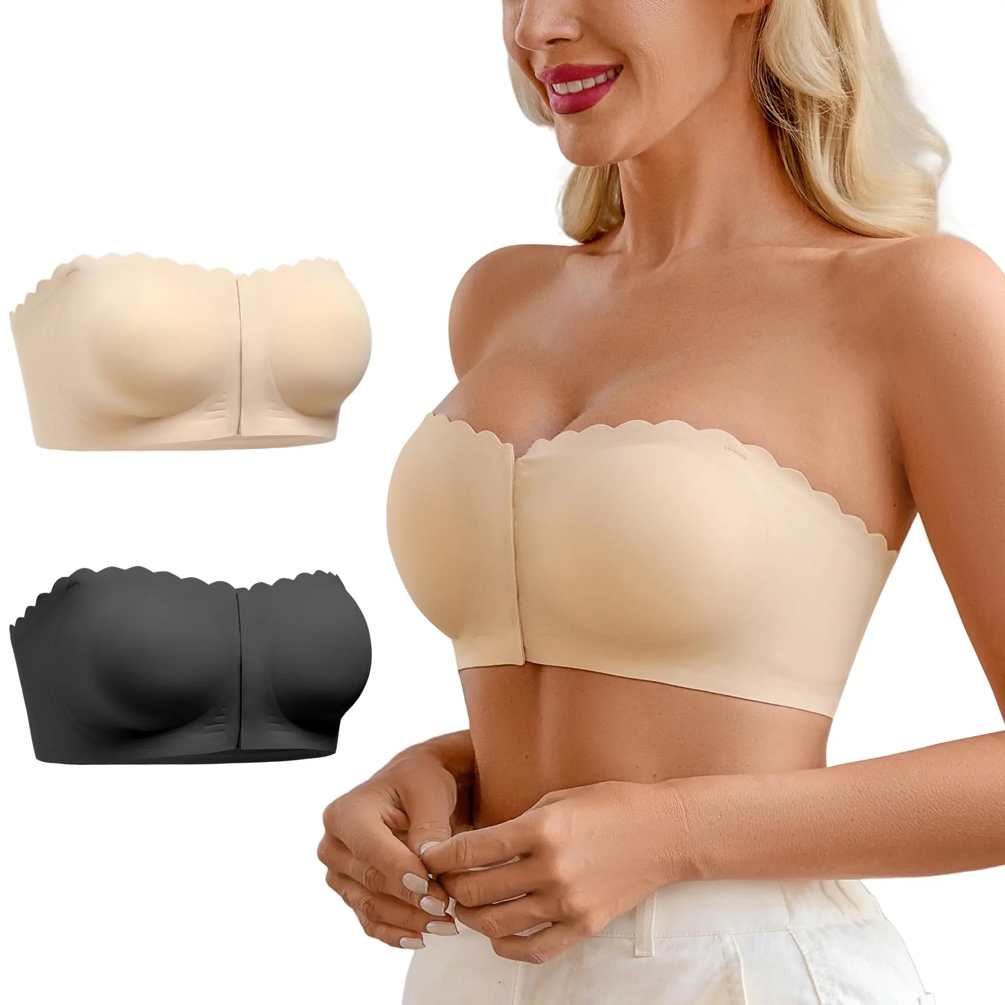 DEANGELMON Wireless Strapless Bra - Non-Slip Front Closure Bralette with Jelly Glue, All-Season Comfort, Removable Padding for Off-Shoulder Styles