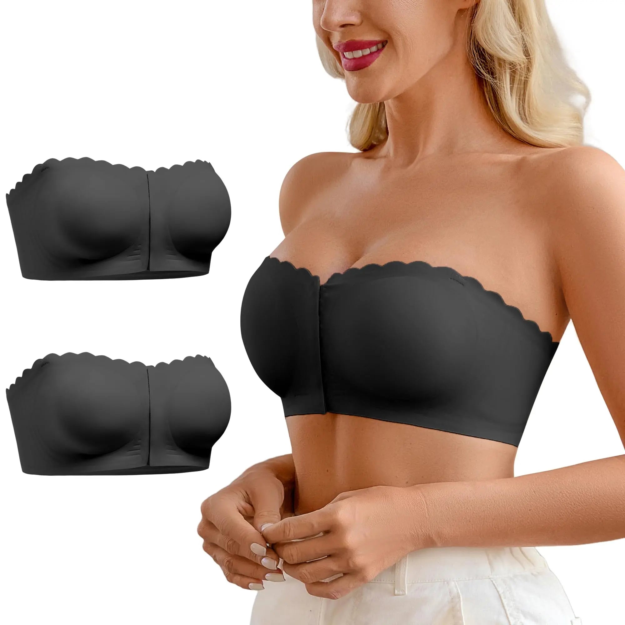 DEANGELMON Wireless Strapless Bra - Non-Slip Front Closure Bralette with Jelly Glue, All-Season Comfort, Removable Padding for Off-Shoulder Styles